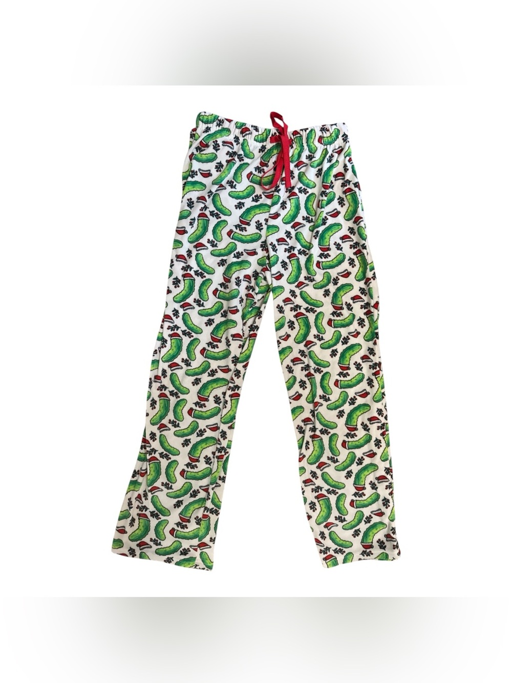 Christmas Pickle Pajama Pants with Green Pickles & Santa Hat Graphics Size Small